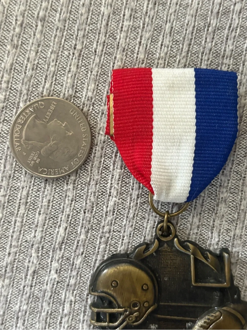 PDU marked bronze tone round football & helmet medal brooch w multicolor ribbon